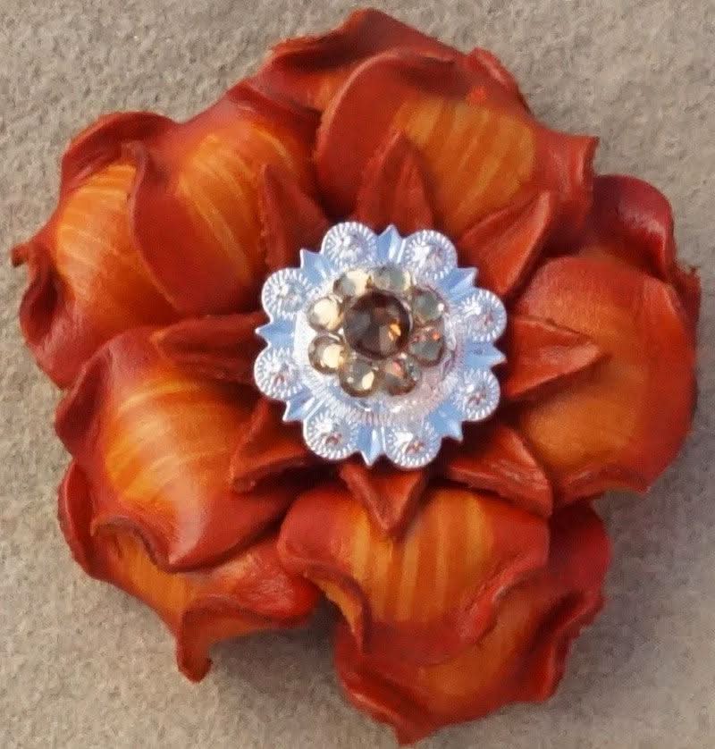 Orange Gardenia Flower With Bright Silver Topaz and Champagne 1" Concho