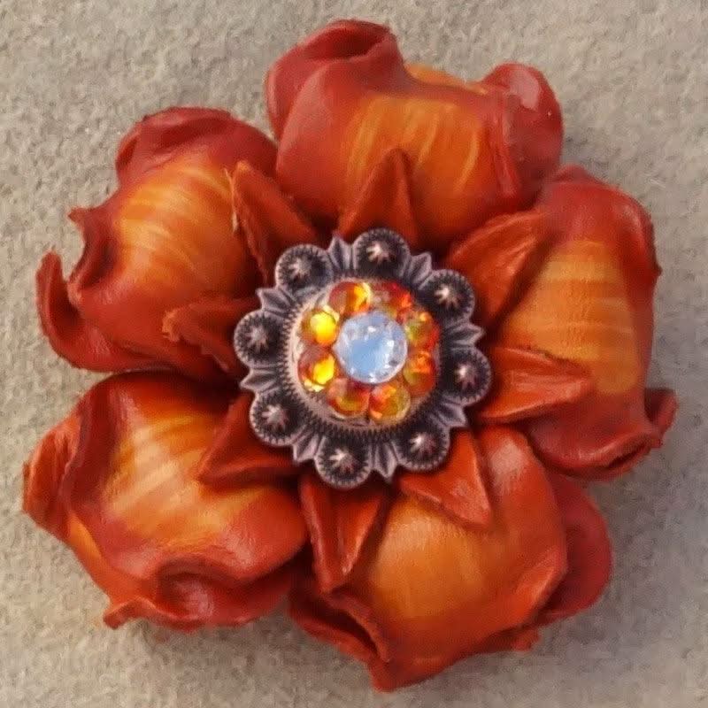 Orange Gardenia Flower With Copper Fire Opal and Clear 1" Concho