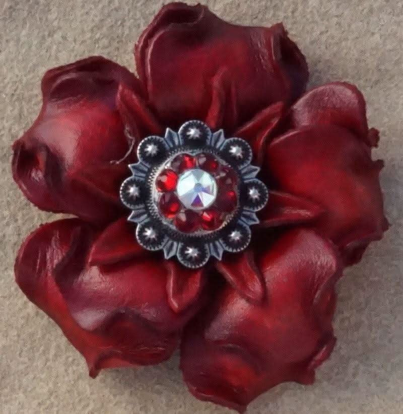 Red Gardenia Flower With Antique Silver Ruby and AB 1" Concho