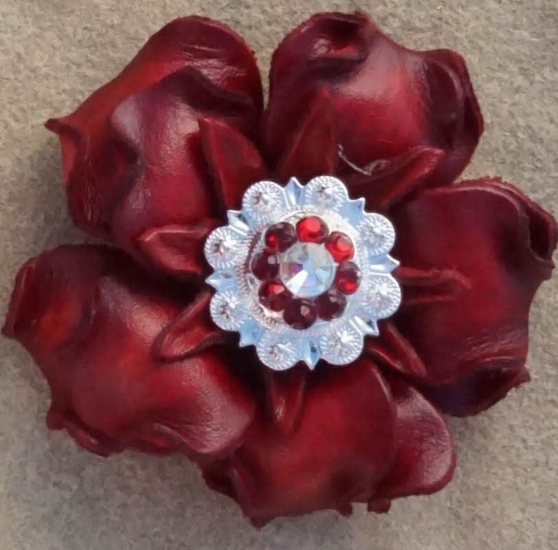 Red Gardenia Flower With Bright Silver Red & AB 1" Concho