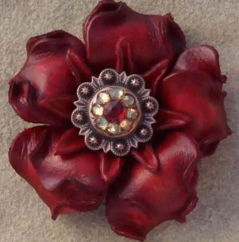 Red Gardenia Flower With Copper Ruby & Champagne 1" Concho