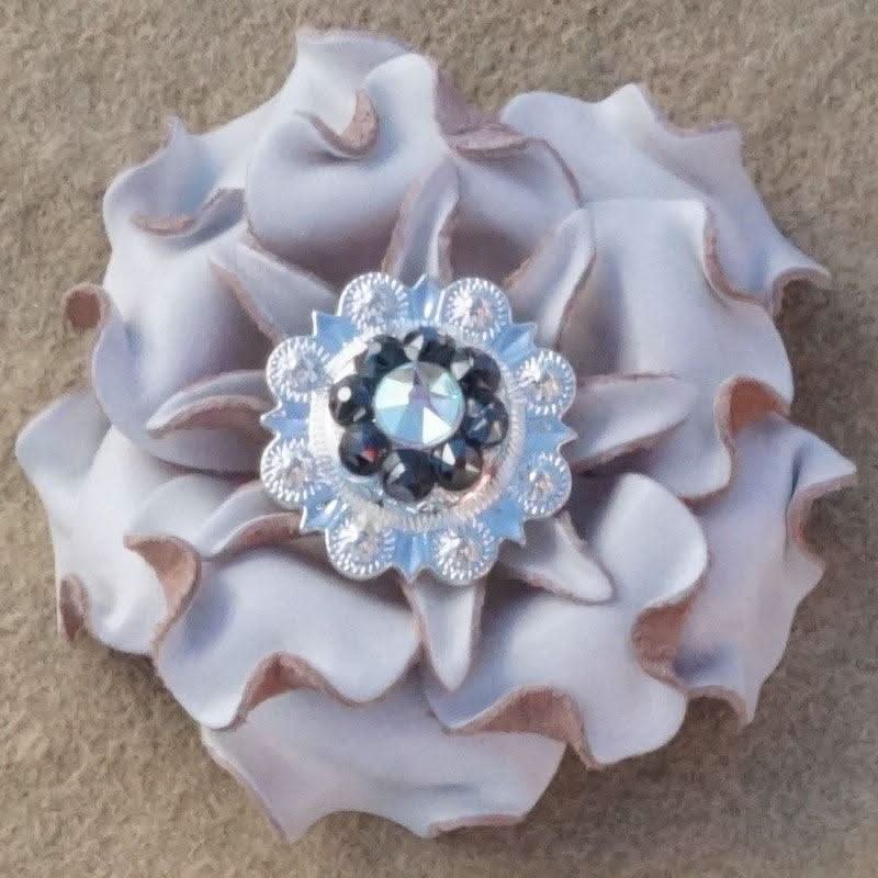 White Gardenia Flower With Bright Silver Jet and AB 1" Concho