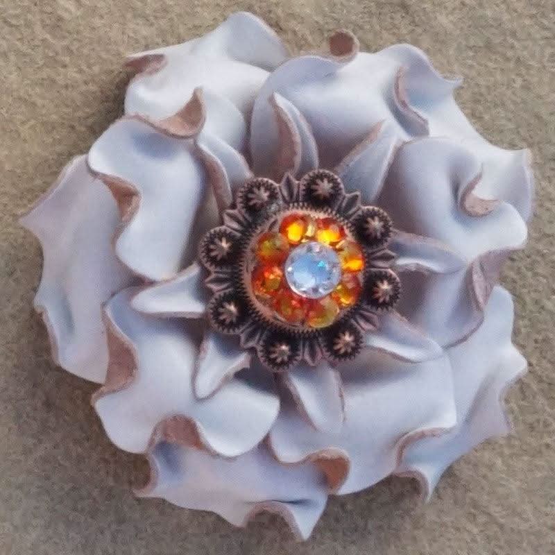 White Gardenia Flower With Copper Fire Opal and Clear 1" Concho