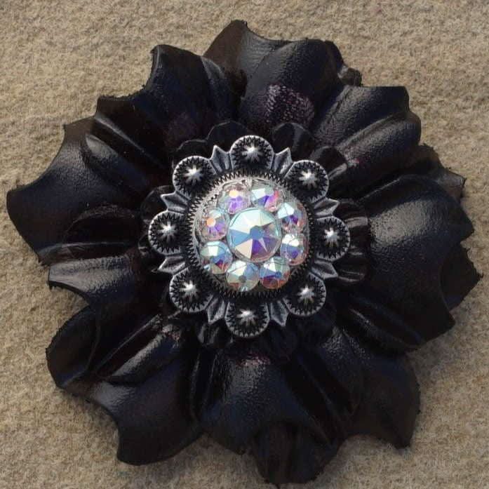 Black Carnations Leather Flowers - 1" Crystal Conchos - Options