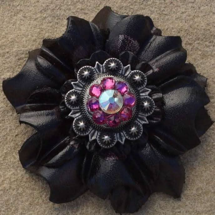 Black Carnations Leather Flowers - 1" Crystal Conchos - Options