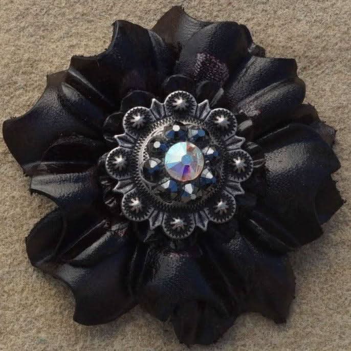 Black Carnations Leather Flowers - 1" Crystal Conchos - Options
