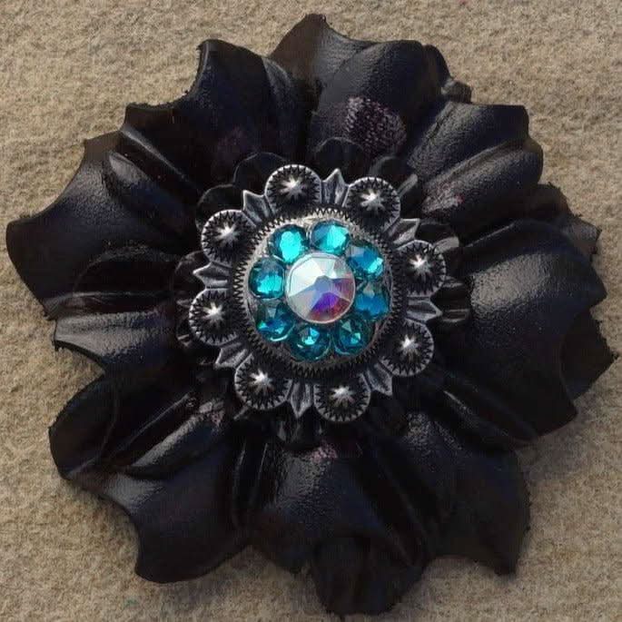 Black Carnations Leather Flowers - 1" Crystal Conchos - Options