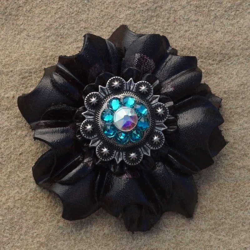 Black Carnation Flower With Antique Silver Teal and AB 1" Concho
