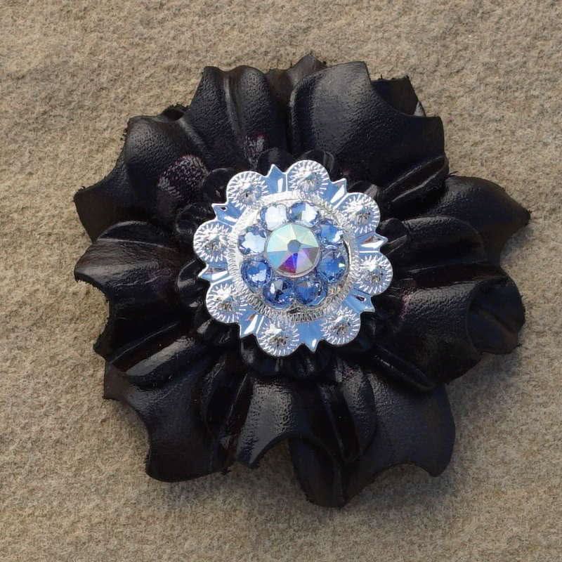 Black Carnation Flower With Bright Silver Light Sapphire and AB 1" Concho
