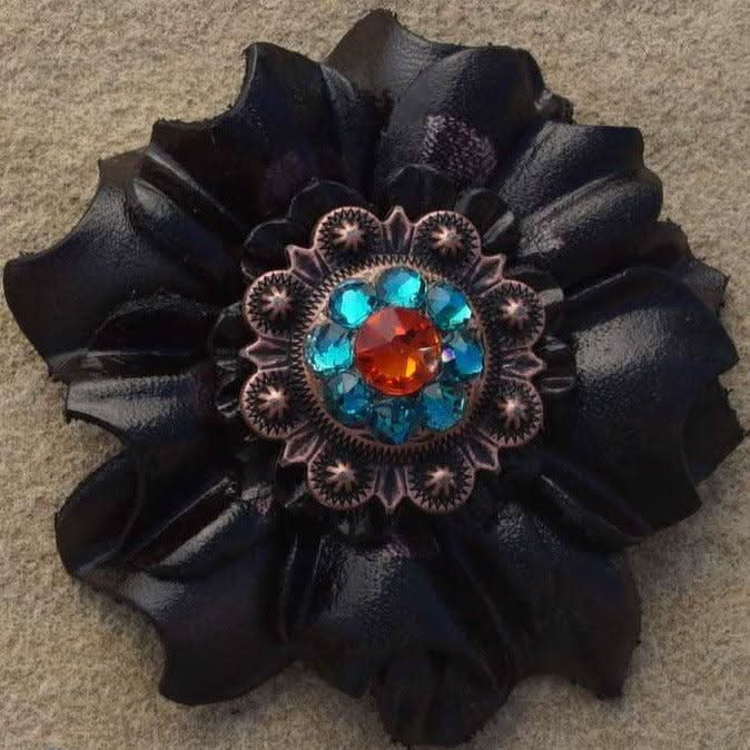 Black Carnations Leather Flowers - 1" Crystal Conchos - Options