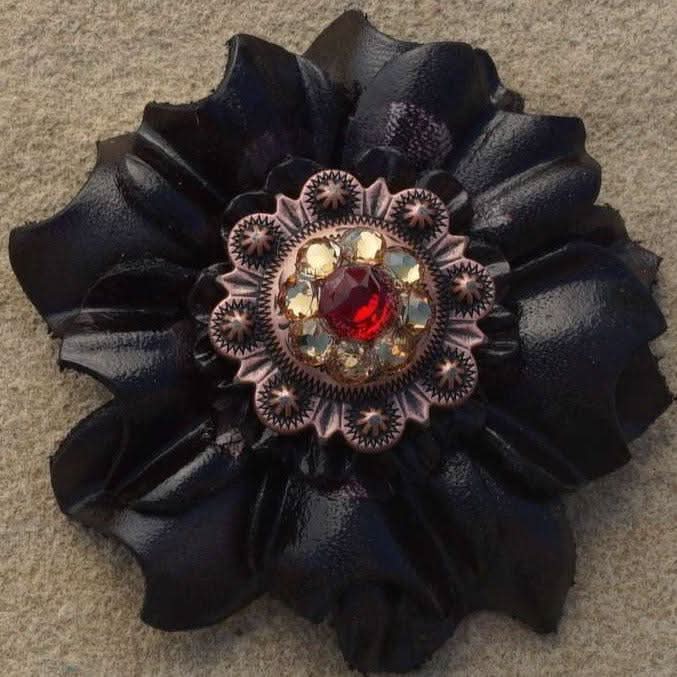Black Carnations Leather Flowers - 1" Crystal Conchos - Options