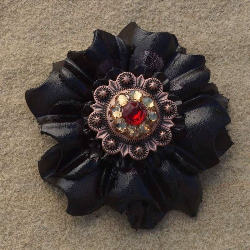 Black Carnation Flower With Copper Ruby and Champagne 1" Concho