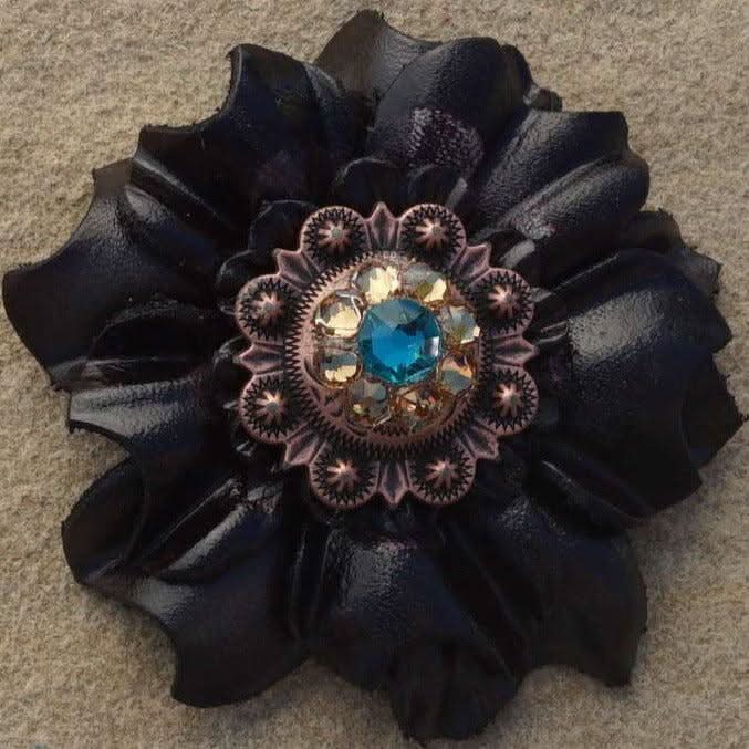 Black Carnations Leather Flowers - 1" Crystal Conchos - Options