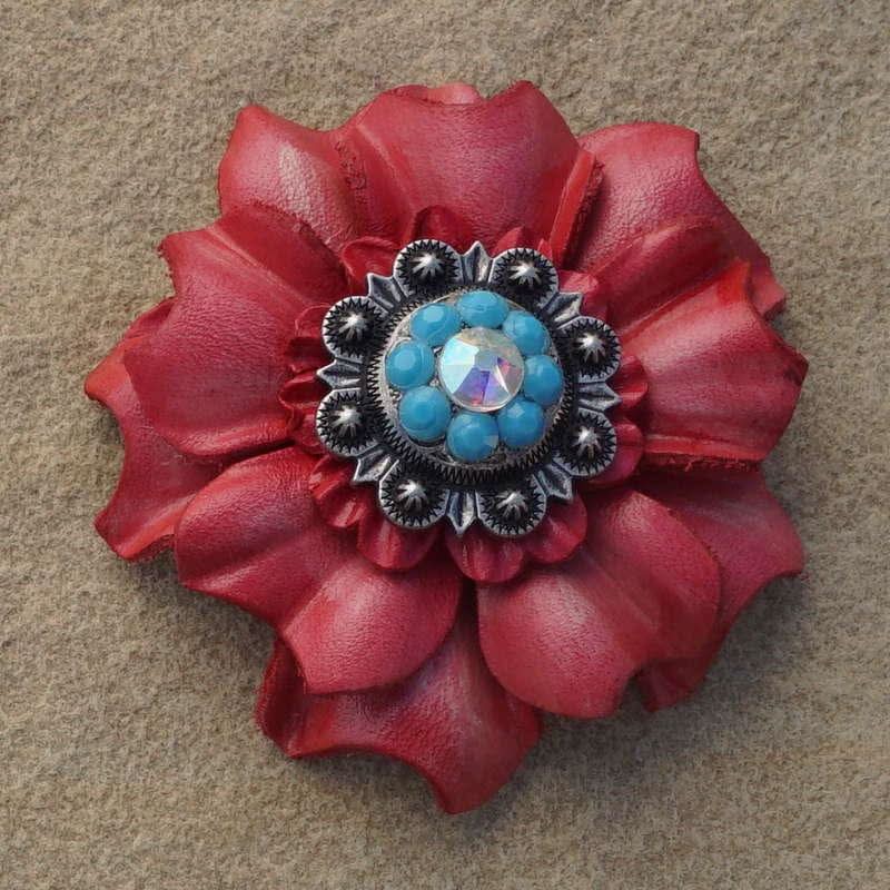 Pink Carnation Flower With Antique Silver Turquoise and AB 1" Concho