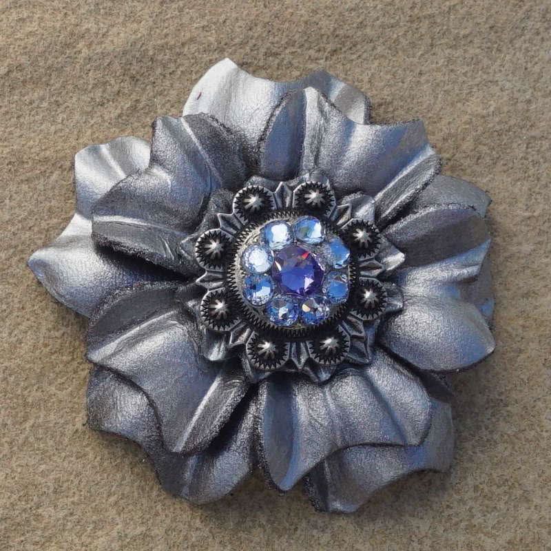Silver Carnation Flower With Antique Silver Lilac and Light Sapphire 1" Concho