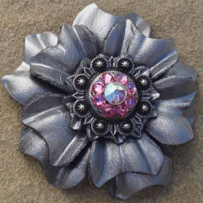 Silver Carnations Leather Flowers - 1" Crystal Conchos - Options