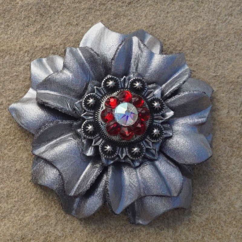 Silver Carnation Flower With Antique Silver Ruby and AB 1" Concho