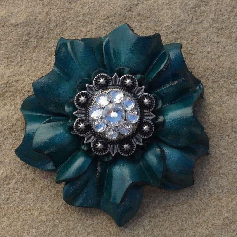 Teal Carnation Flower With Antique Silver Clear 1" Concho