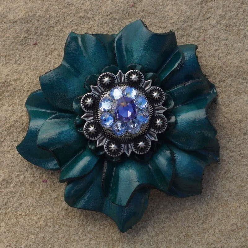 Teal Carnation Flower With Antique Silver Lilac and Light Sapphire 1" Concho