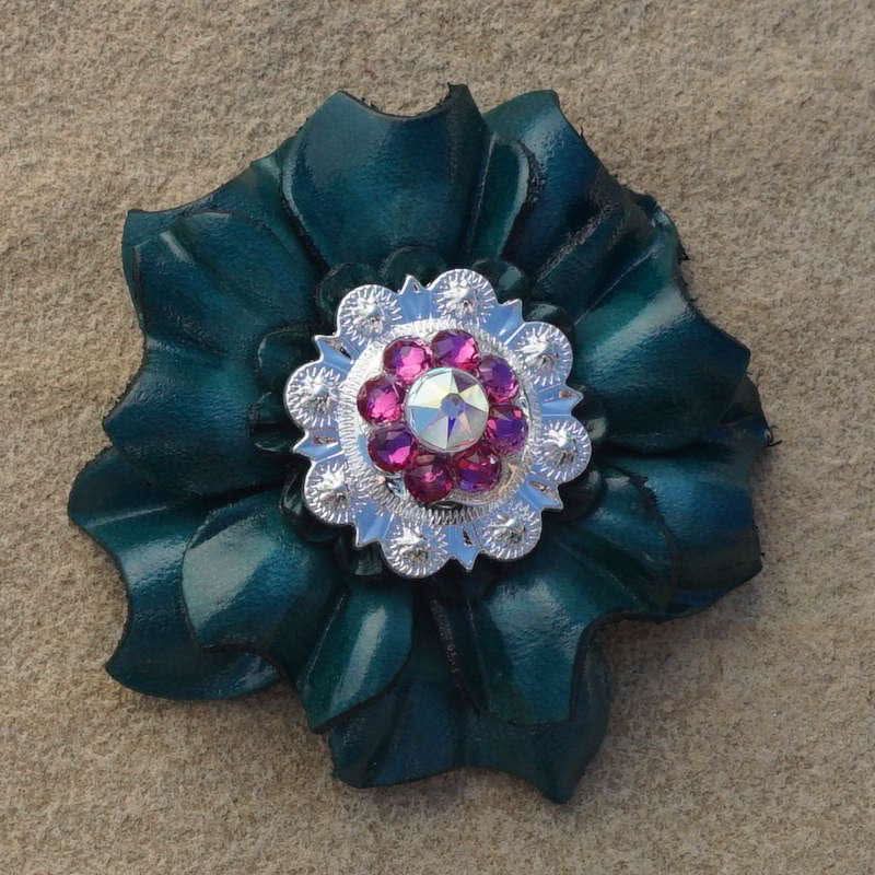 Teal Carnation Flower With Bright Silver Fuchsia and AB 1" Concho