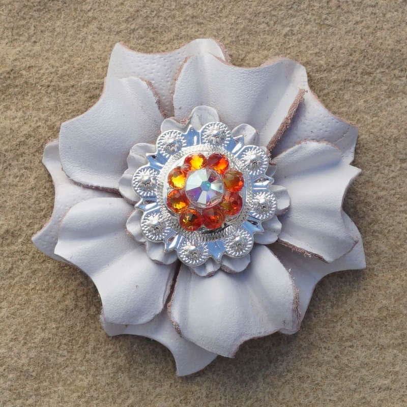 White Carnation Flower With Bright Silver Fire Opal and AB 1" Concho