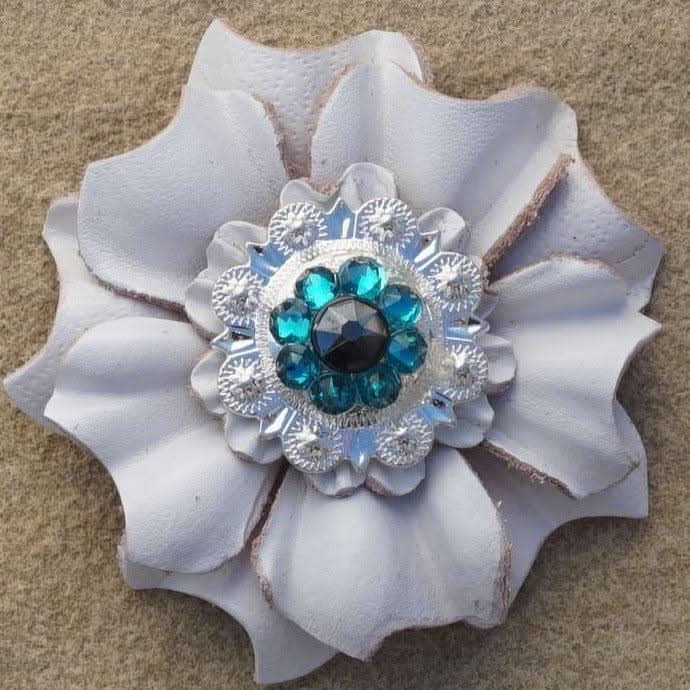 White Carnations Leather Flowers - 1" Crystal Conchos - Options