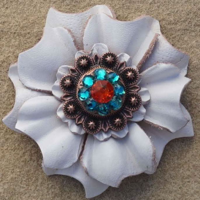 White Carnations Leather Flowers - 1" Crystal Conchos - Options