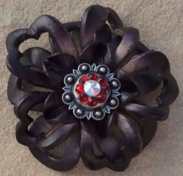 Black Lotus Flower With Antique Silver Ruby and AB 1" Concho