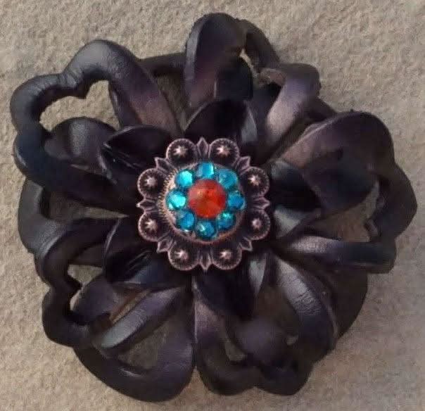 Black Lotus Flower With Copper Fire Opal and Teal 1" Concho
