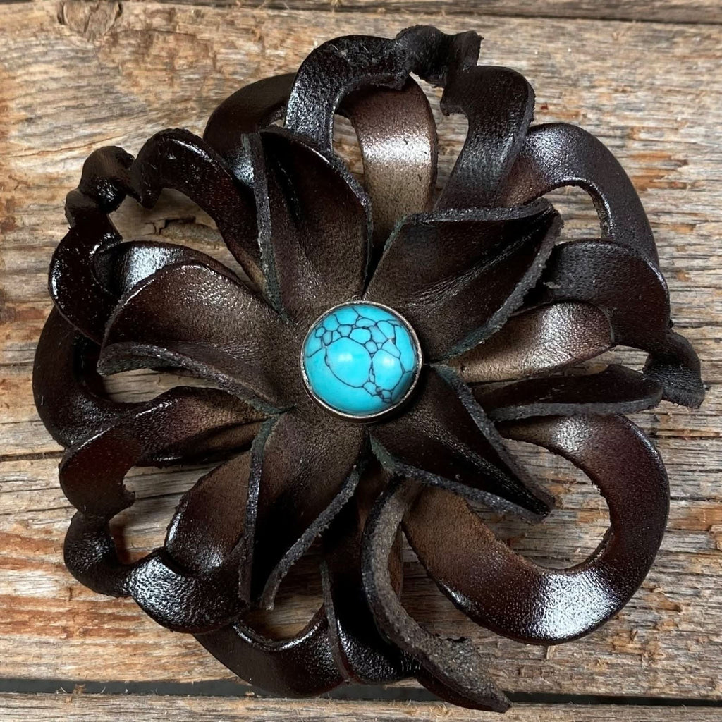 Hand Painted Leather Flowers - Lotus - Round Turquoise Cabochons