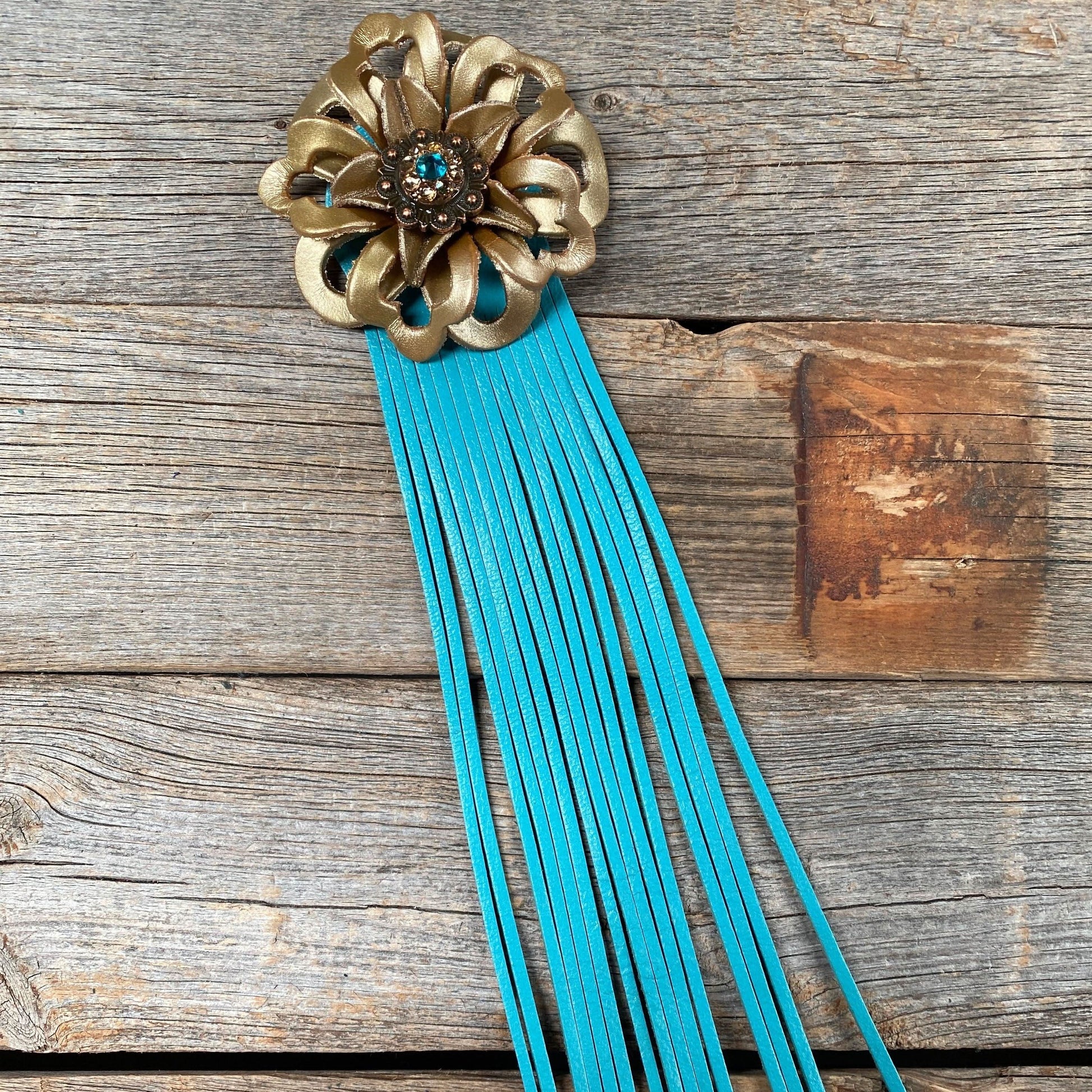 Leather Gold Lotus with Turquoise Fringe