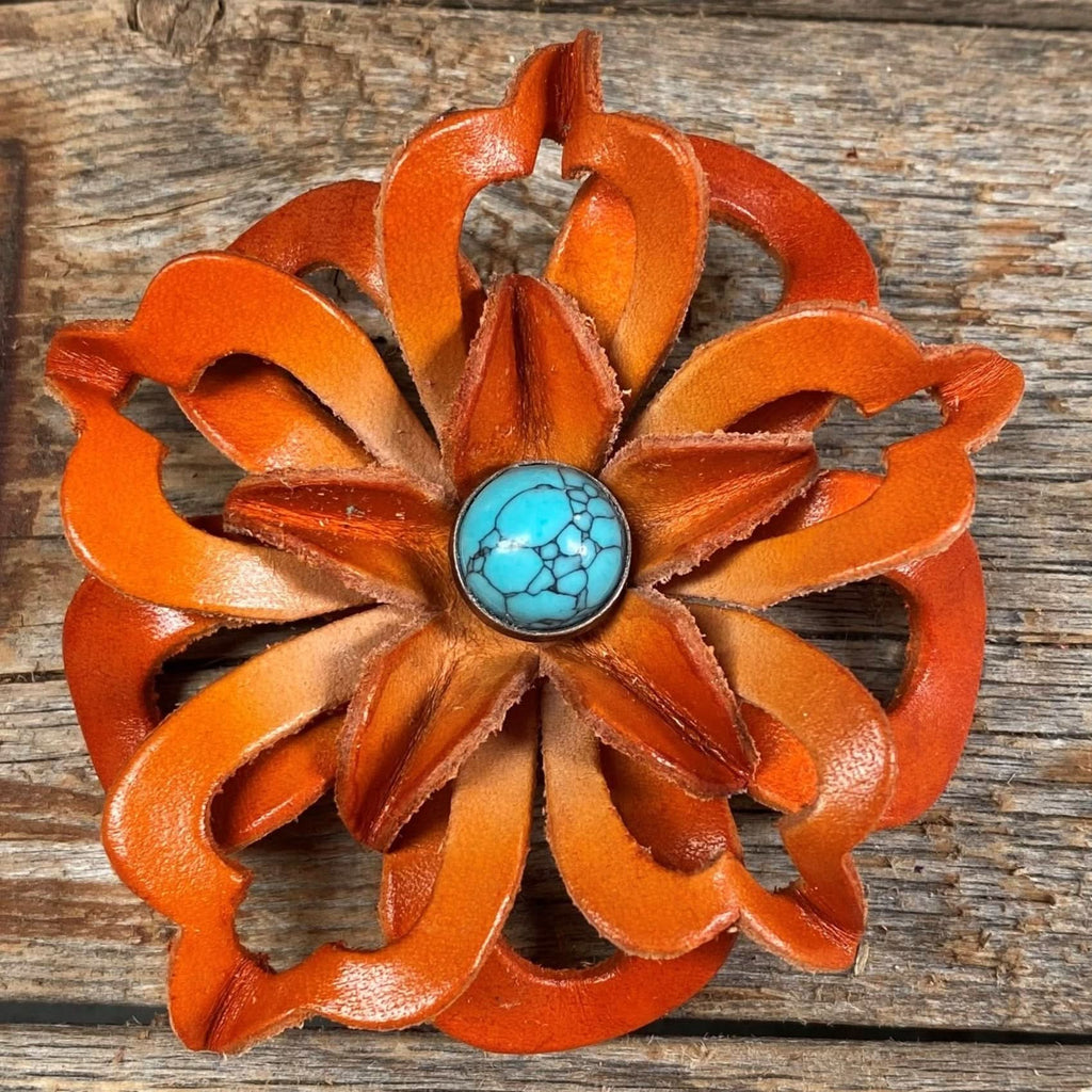 Hand Painted Leather Flowers - Lotus - Round Turquoise Cabochons