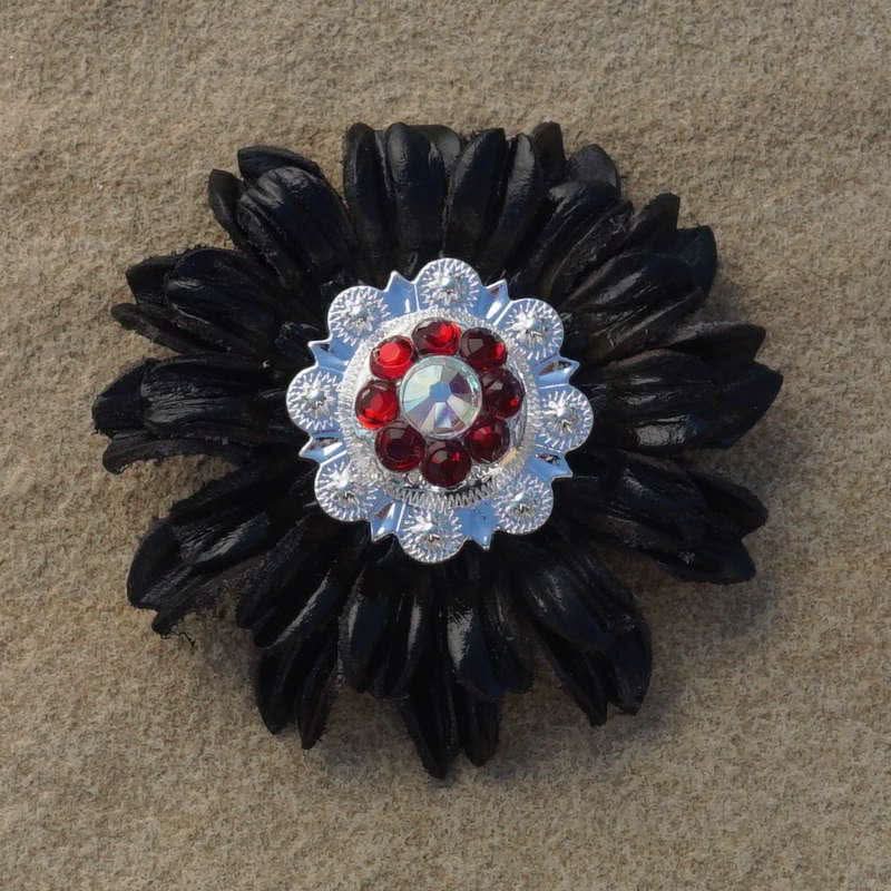 Black Daisy Flower With Bright Silver Ruby and AB 1" Concho