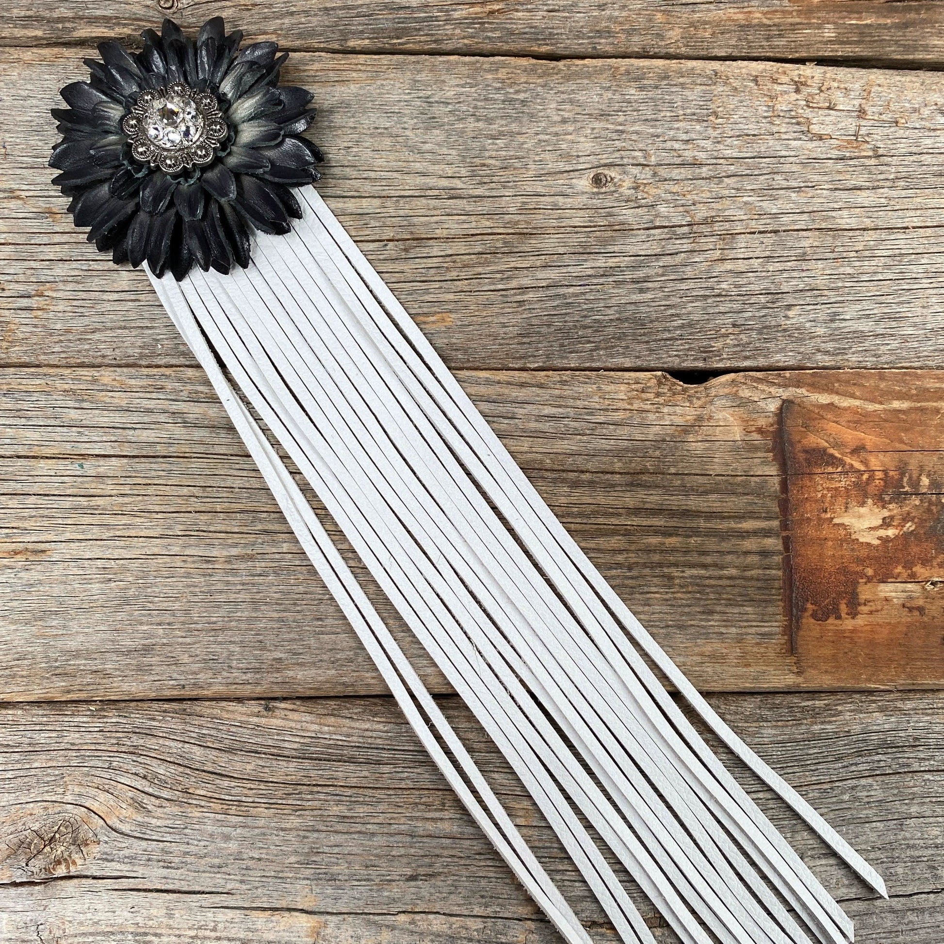Leather Black Daisy with White Fringe
