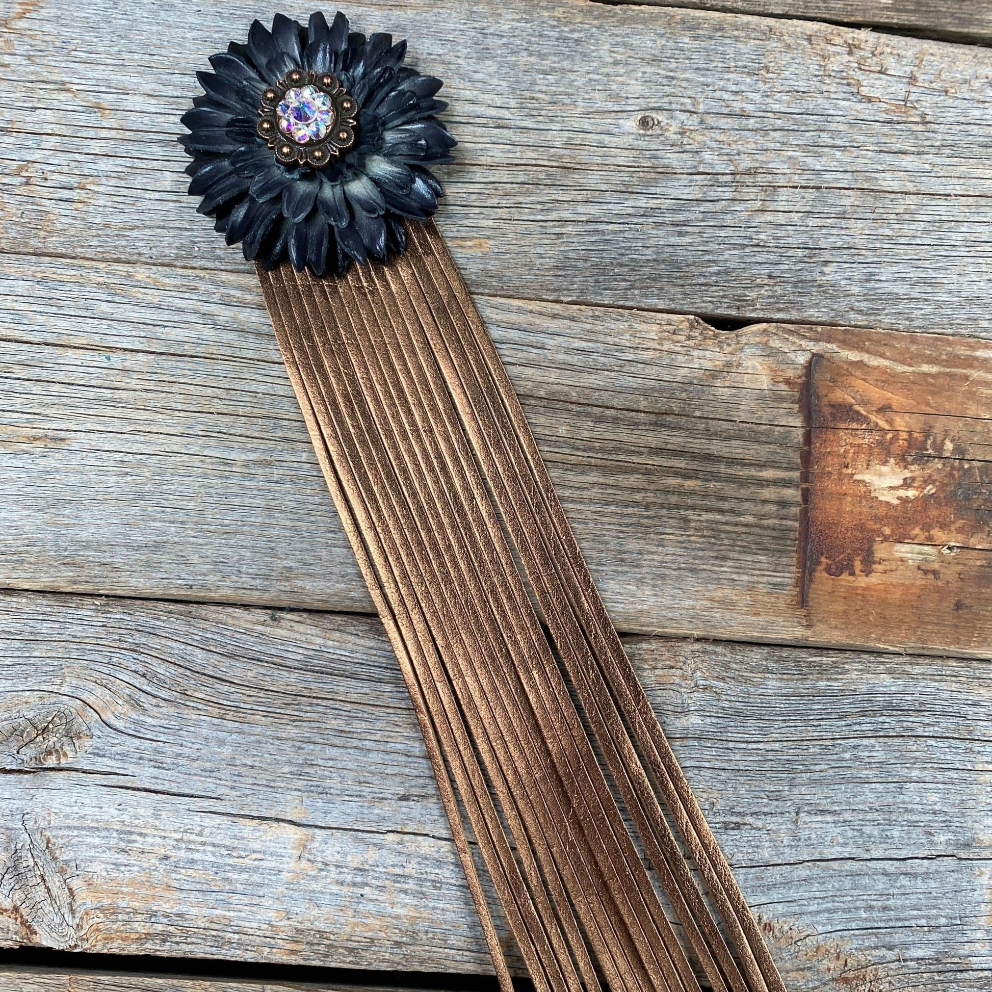 Leather Black Daisy with Copper Fringe