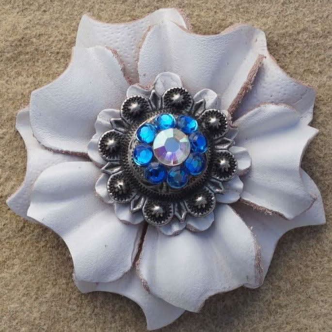 White Carnations Leather Flowers - 1" Crystal Conchos - Options