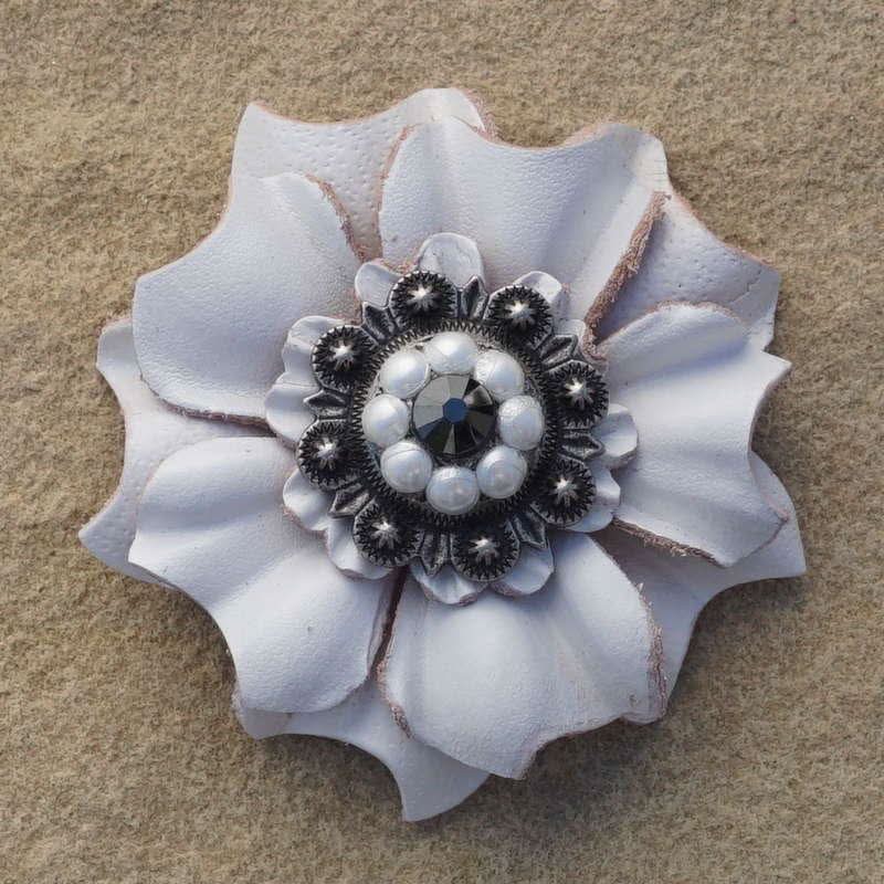 White Carnation Flower With Antique Silver Jet and Pearl 1" Concho