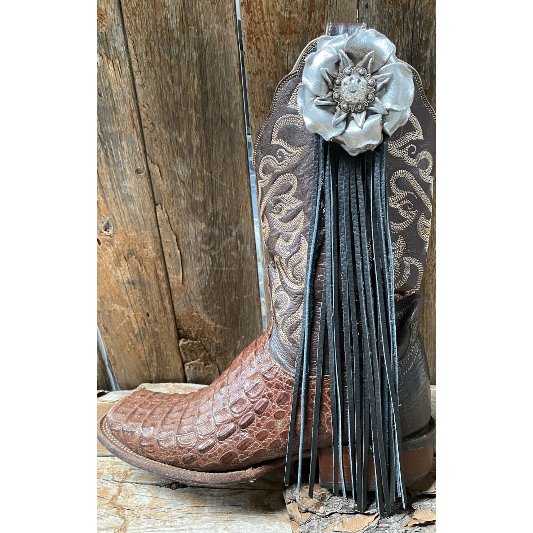 Boot Cuff Jewelry -Silver Leather Flower - Clear Concho - Fringe