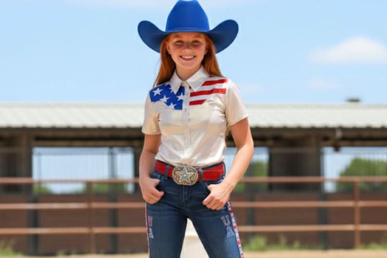 Girls Patriot Pearl Snap Jackpot Rodeo Shirt