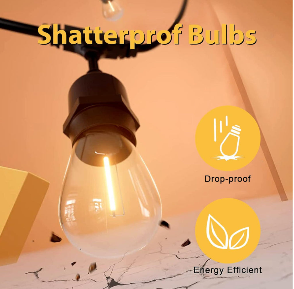 48 Ft Plug-In LED Outdoor String Lights Waterproof- Hanging, Dimmable 2W Vintage Edison Bulbs