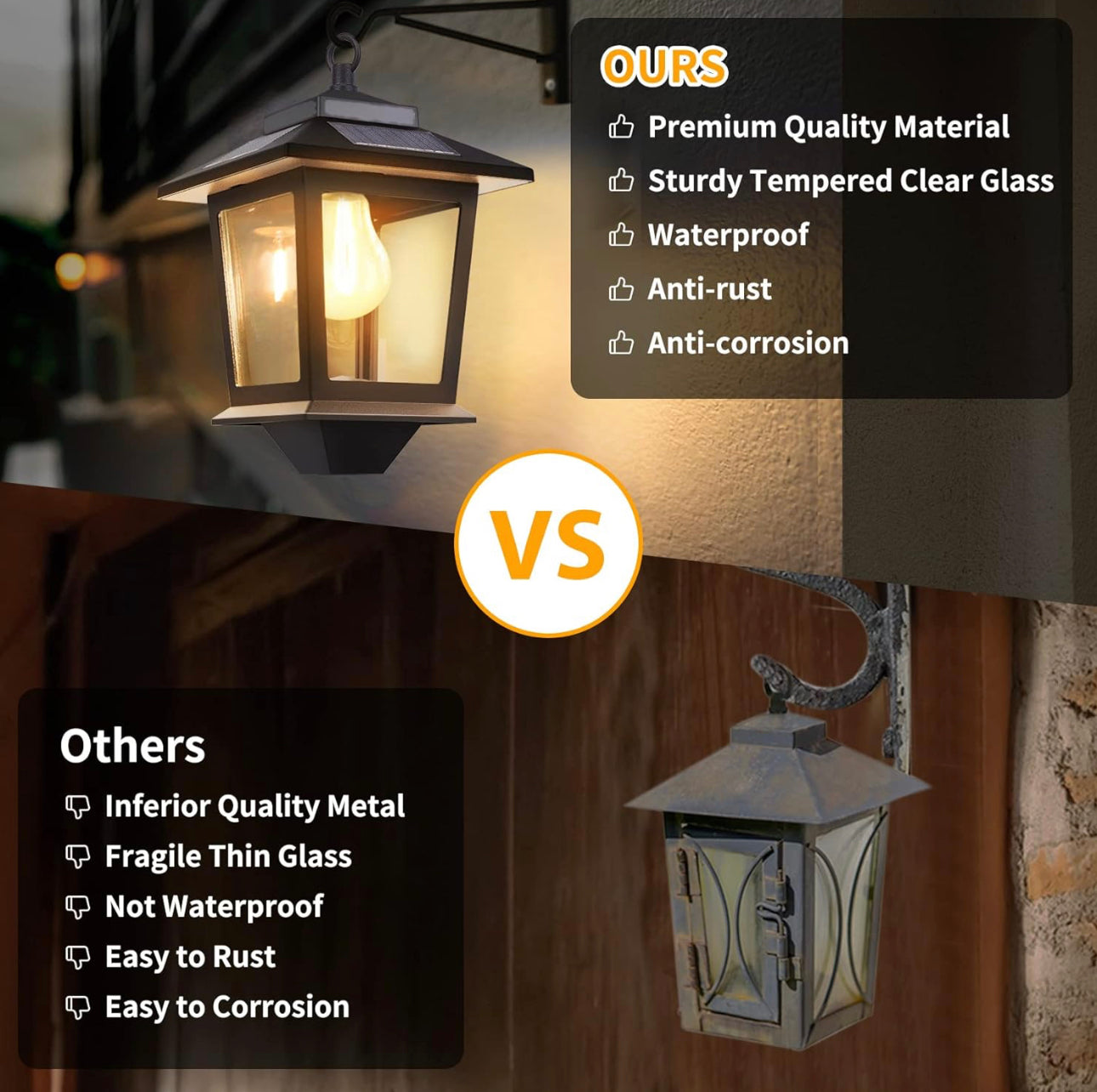 2 Pack SmartYard Solar Wall Hanging Lanterns with Replaceable Bulb, 4 Solar Panels,Anti-Rust