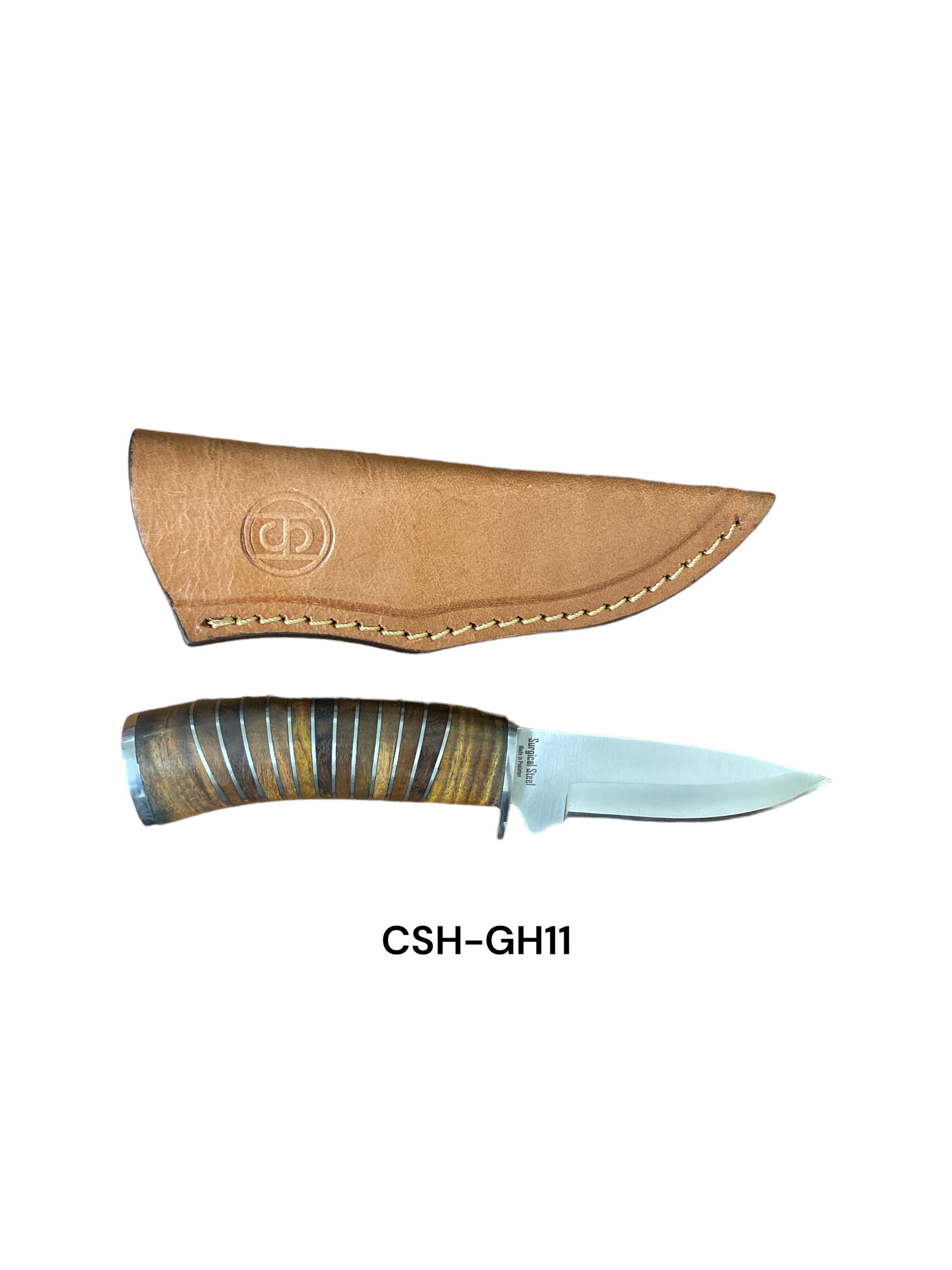 CIRCLE SH KNIFE7 3 /4" SURGICAL STEEL BLADE, ROSEWOOD HANDLE NICKEL SPACERS, W/ LEATHER SHEATH