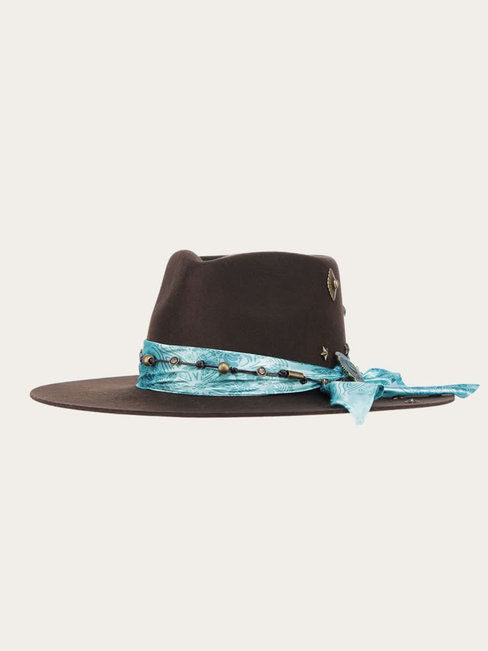 H0013 - DARK BROWN COWGIRL HAT WITH FABRIC HATBAND WITH CONCHOS