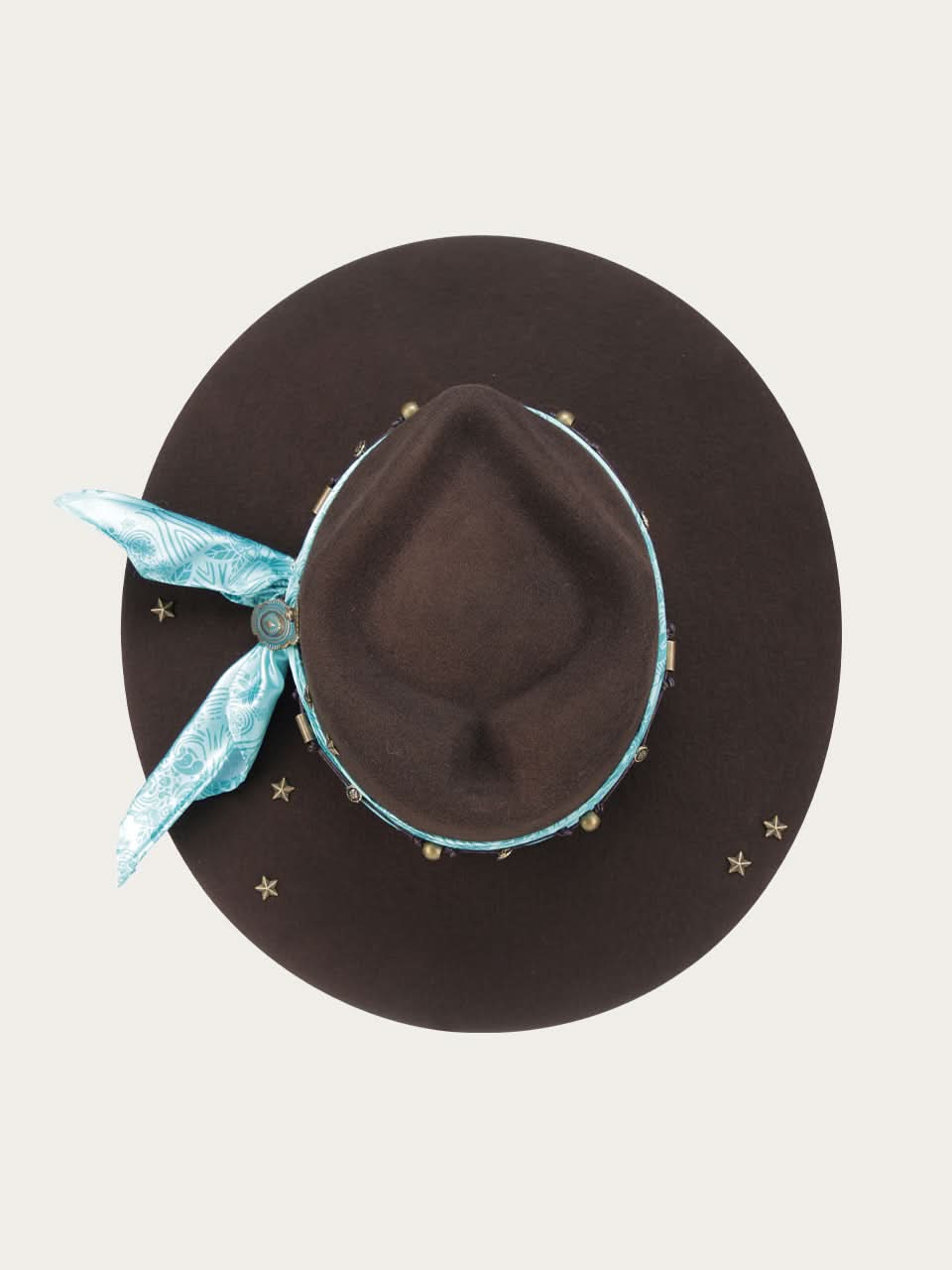 H0013 - DARK BROWN COWGIRL HAT WITH FABRIC HATBAND WITH CONCHOS