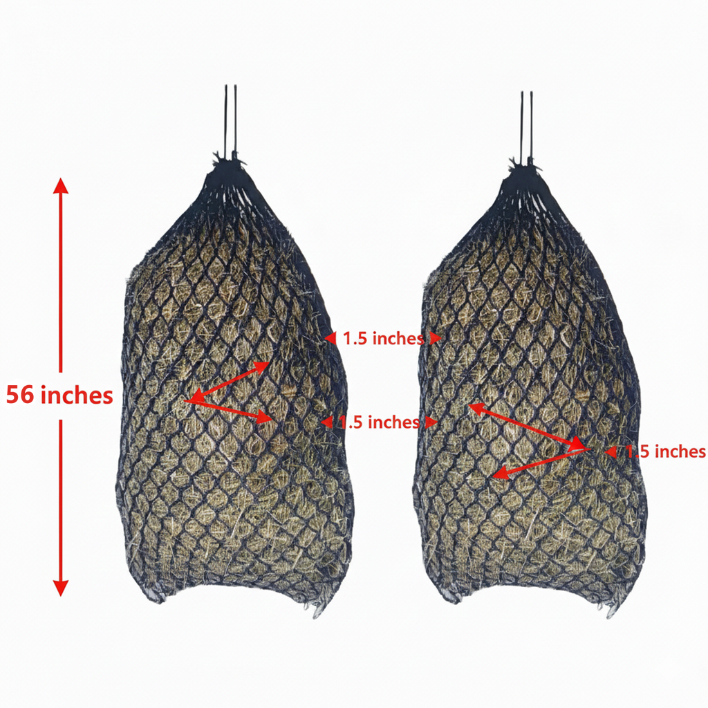Paris Tack Knotless Ultra Slow Feed Hay Nets – 56” Long, Set of 2, 1.5” Holes, Soft on Muzzles, Durable Nylon, Holds 5–7 Flakes, Easy Hang Strap