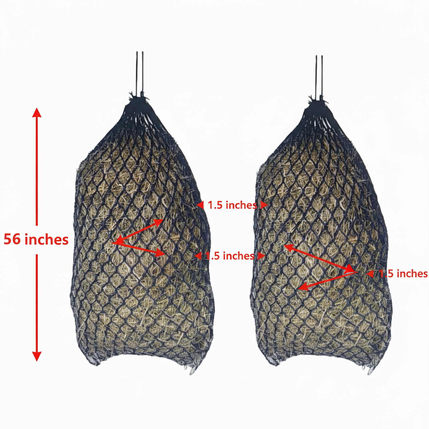 Paris Tack Knotless Ultra Slow Feed Hay Nets – 56” Long, Set of 2, 1.5” Holes, Soft on Muzzles, Durable Nylon, Holds 5–7 Flakes, Easy Hang Strap