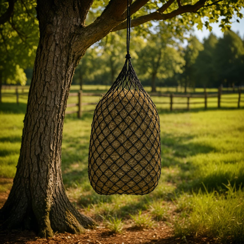 Paris Tack Knotless Ultra Slow Feed Hay Nets – 42” Long, Set of 2, 1.5” Holes, Soft on Muzzles, Durable Nylon, Holds 3–4 Flakes, Easy Hang Strap