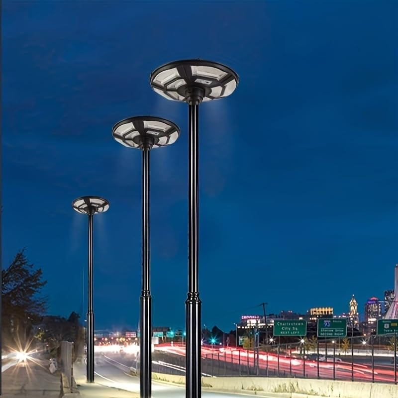 3500W Commercial Solar Round 360° Wide Angle Pole Outdoor Lamp Post Light with 98 inch Pole IP67 Waterproof With Remote