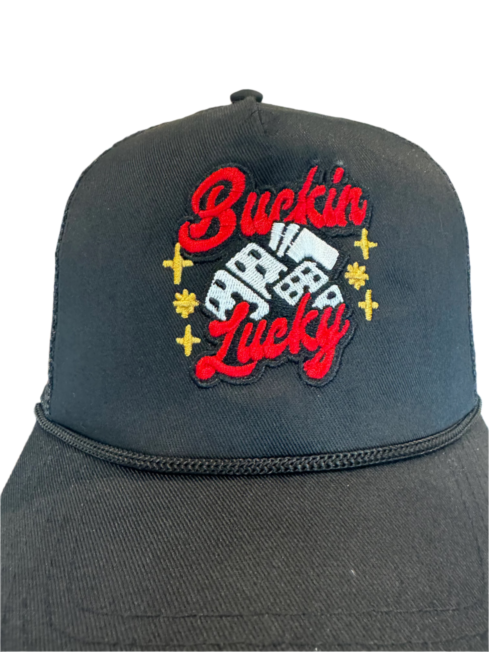 Buckin Lucky Embroidered Five-Panel Trucker Hat