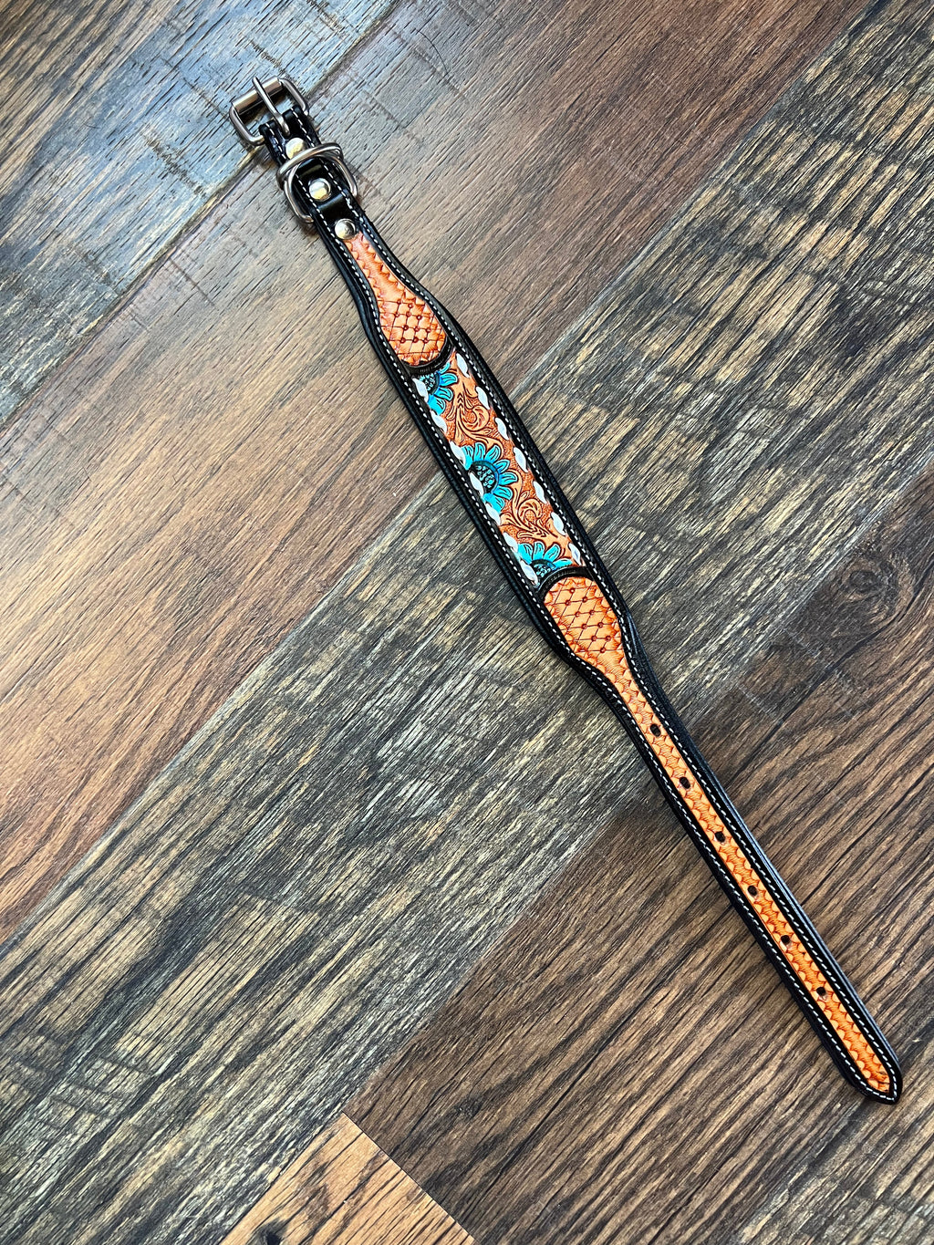 Handcrafted Padded Leather Tooled Dog Collar Blue Sunflower
